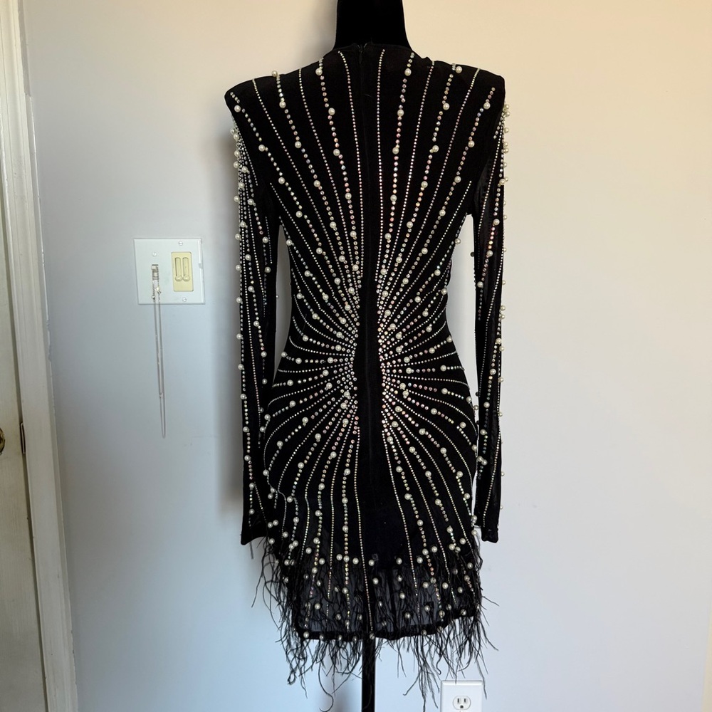 Black Embellished Deep V Mini Dress - Picture 9 of 14